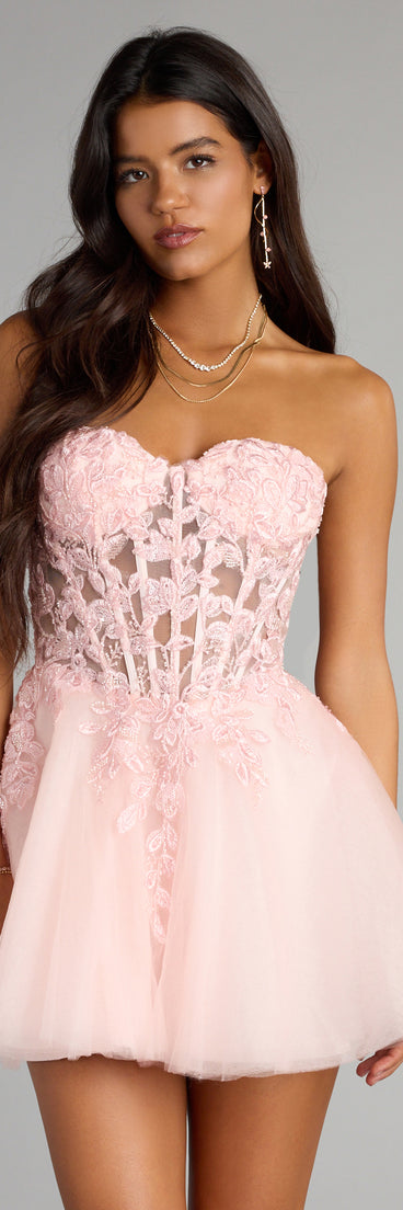 Feel ready for every dance floor moment or feed-worthy reel in the Carla Corset Tulle A-Line Mini Dress, a homecoming dress designed to own your moment.