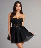 Feel ready for every dance floor moment or feed-worthy reel in the Carla Corset Tulle A-Line Mini Dress, a homecoming dress designed to own your moment.