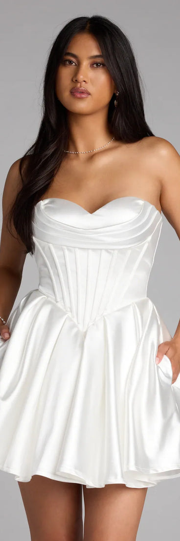 Feel ready for every dance floor moment or feed-worthy reel in the Jodie Satin Skater Corset Dress, a ivory homecoming dress designed to own your moment.