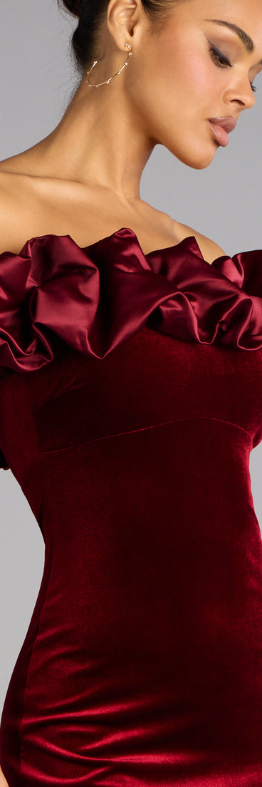 Lia Satin Ruffle Off-The-Shoulder Velvet Mini Dress