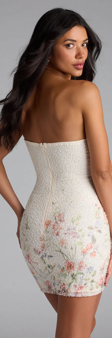 Own the spotlight in the Felicia Floral Beaded Mini Dress, a ivory formal dress crafted to deliver luxe style for fall weddings, military balls, or any special event.