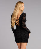 Designed for any plan on your calendar from winter formals to engagment photoshoots, the Angie Flocked Velvet Pearl Mesh Mini Dress is a black long sleeve dress that refreshes your fall closet in one simple step.