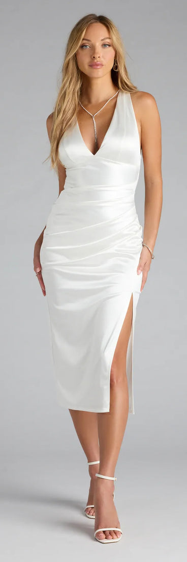 The Abigail V-Neck Strappy Satin Midi Dress in white features a flattering fit and mid-calf hem, redefining effortless midi dresses for any occasion.