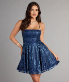 Thea Sequin Lace-Up Skater Dress