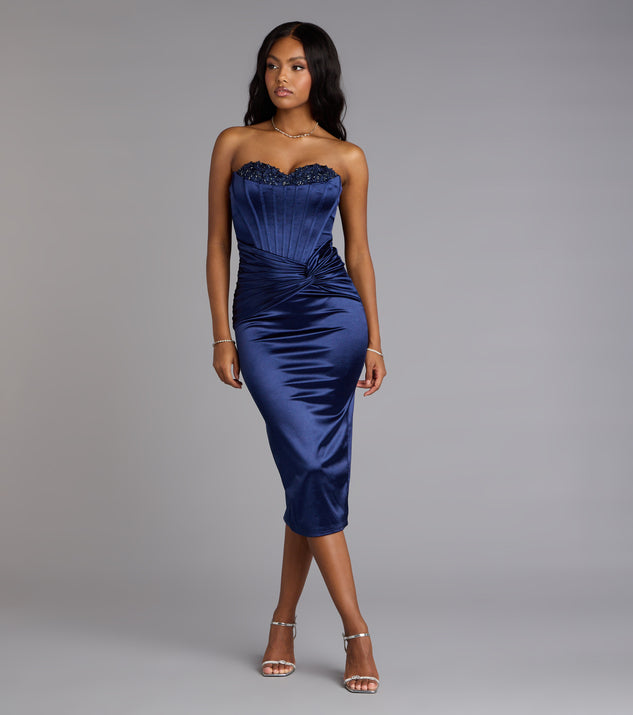 Red Satin Cowl Neck Satin Bodycon Midi Dress Christy Satin Lace-Up Bustier Midi Formal Dress In Navy Blue Size: Xs Satin Fabric Windsor Red Satin Cowl Neck Satin Bodycon Midi Dress Christy Satin Lace-Up Bustier Midi Formal Dress In Navy Blue Size: Xs Satin Fabric Windsor