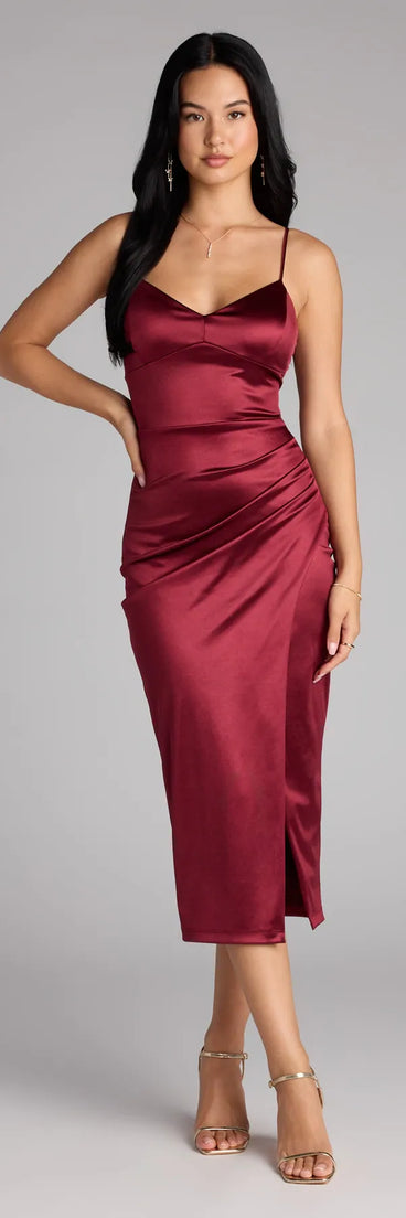 The Tori Lace-Up Satin Midi Formal Dress in wine features a flattering fit and mid-calf hem, redefining effortless midi dresses for any occasion.