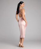 Slip into polished style with this satin midi dress—the Abigail V-Neck Strappy Satin Midi Dress in pink stuns with a flattering length and stylish details for dinners, parties, or weddings.