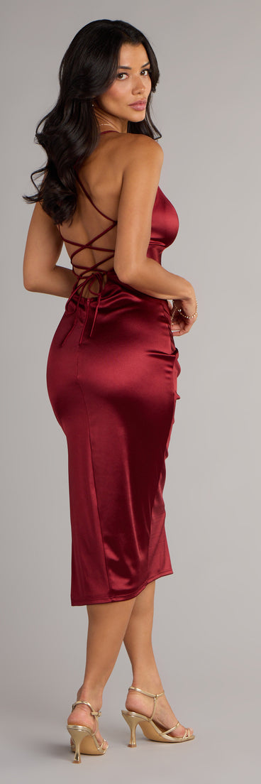 The Ophelia Satin Lace-Up Midi Formal Dress is your new go-to Windsor dress—effortless, versatile, and made to update your fall style in seconds.