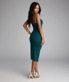 Style your seasonal looks with the Kassidy Glitter Cutout Midi Dress, a trend-right, hunter green fall dress designed for any plan on your calendar with new and unqiue details.