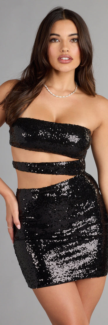 Ailany Sequin Cutout Mini Dress in Black | Size: L | Knit Fabric/Mesh Fabric/Mesh Fabric | Windsor Ailany Sequin Cutout Mini Dress in Black | Size: L | Knit Fabric/Mesh Fabric/Mesh Fabric | Windsor