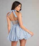 Feel ready for every dance floor moment or feed-worthy reel in the Vicky Jacquard Halter Bubble Mini Dress, a homecoming dress designed to own your moment.