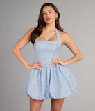 Feel ready for every dance floor moment or feed-worthy reel in the Vicky Jacquard Halter Bubble Mini Dress, a homecoming dress designed to own your moment.