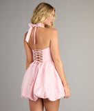 Feel ready for every dance floor moment or feed-worthy reel in the Vicky Jacquard Halter Bubble Mini Dress, a homecoming dress designed to own your moment.