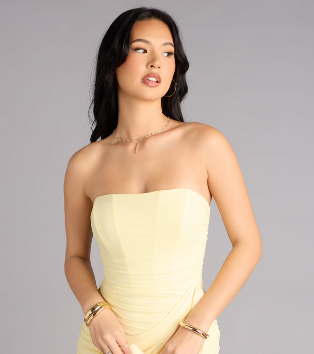 Windsor Kaiya Strapless Bodycon Ruched Mesh Mini Dress in Yellow | Size: XL