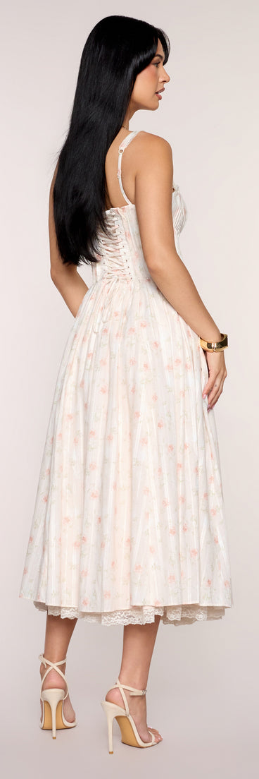 Windsor Francine Floral A-Line Midi Formal Dress in White Print | Size: L