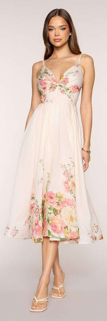 Courtney Floral Lace-Up Formal Dress in Ivory | Size: S | Woven Fabric
