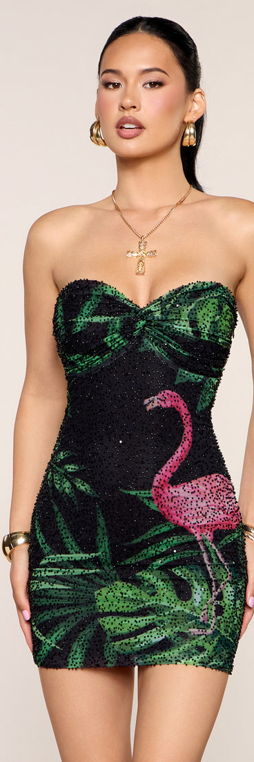 Ava Tropical Beaded Mesh Mini Dress