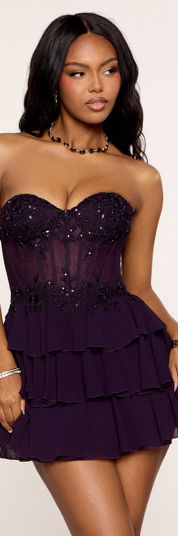 Farrah Sequin Corset Ruffle Mini Dress in Plum | Size: M | Chiffon