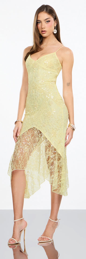 Roxie Beaded Lace Asymmetrical Midi Dress