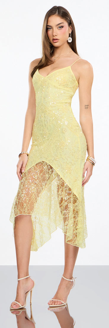 Roxie Beaded Lace Asymmetrical Midi Dress