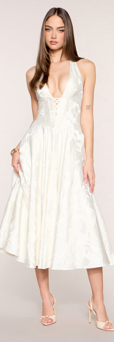 Greta Floral Jacquard Lace-Up Midi Dress