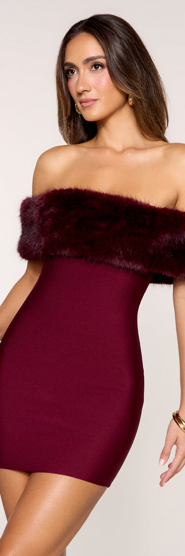 Adelina Faux Fur Off-The-Shoulder Mini Bandage Dress