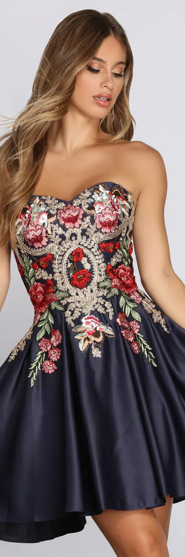 Lexi Embroidered Satin Strapless Dress