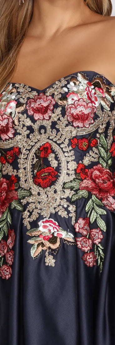 Lexi Embroidered Satin Strapless Dress