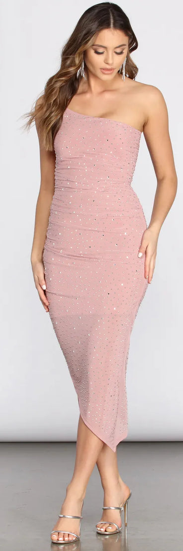 Rianna One Shoulder Heat Stone Dress