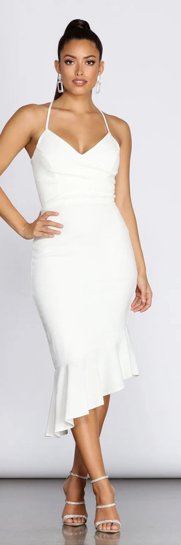 Ellie Asymmetrical Flounce Midi Dress