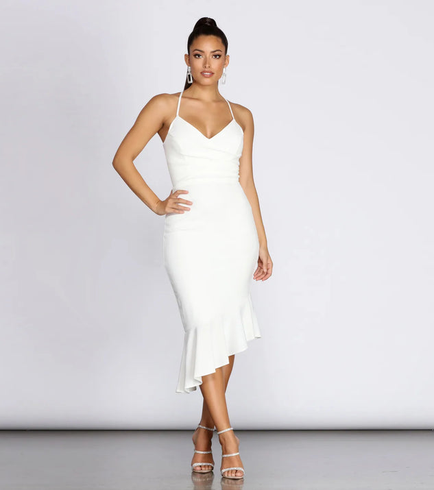 Ellie Asymmetrical Flounce Midi Dress