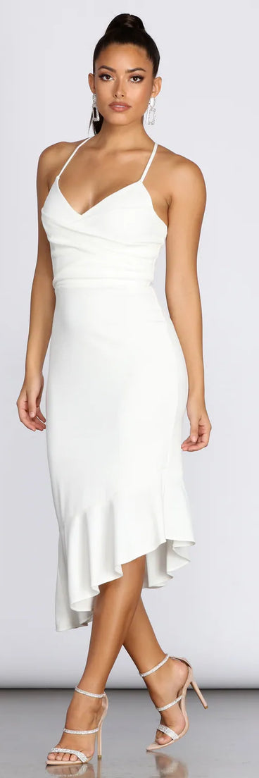 Ellie Asymmetrical Flounce Midi Dress