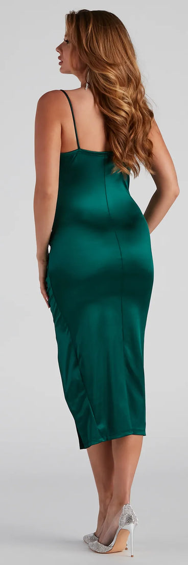 Revamp your 2025 wardrobe with this chic addition, the Natalia Cowl Neck Satin Dress in hunter green, perfect for elevating your style in the new year.