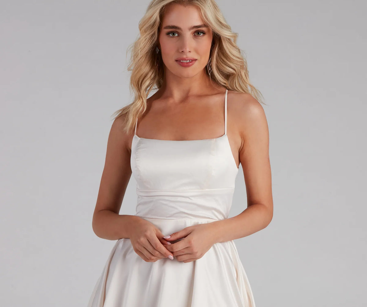 SONYA Black Satin Midi Cocktail Dress With Circle Skirt