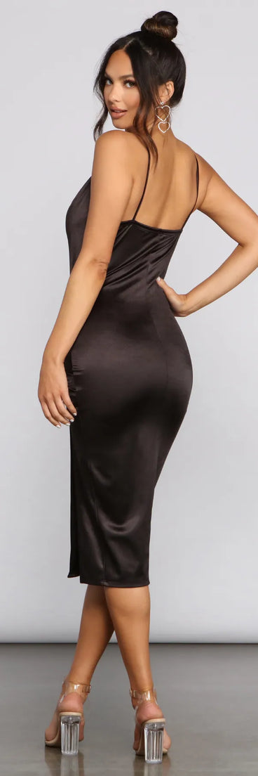 Nadine Formal Ruched Satin Midi Dress in black, a stunning maid-of-honor dress with a flattering fit and romantic details, perfect for autumn wedding themes.