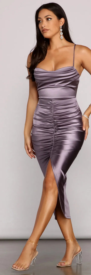 Feel confident and photo-ready in the Bre Formal Satin Ruched Midi Dress, a slate graduation dress perfect for 2025 ceremonies and parties.