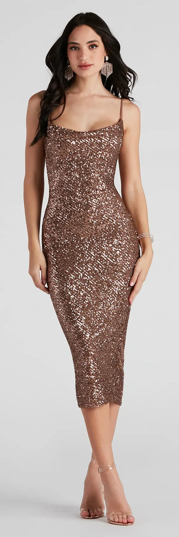 Lillia Formal Cowl Neck Sequin Midi Dress