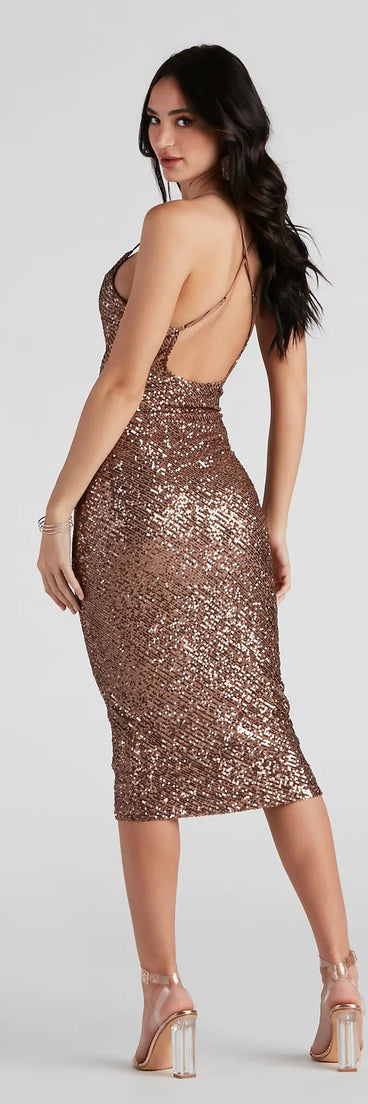 Lillia Formal Cowl Neck Sequin Midi Dress