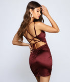 Madeline Satin Bodycon Mini Dress in burgundy , a stylish red dress with a flattering fit and fabric that adds allure to your look, perfect for wedding guest attire, cocktail events, or making a bold statement on a date night.