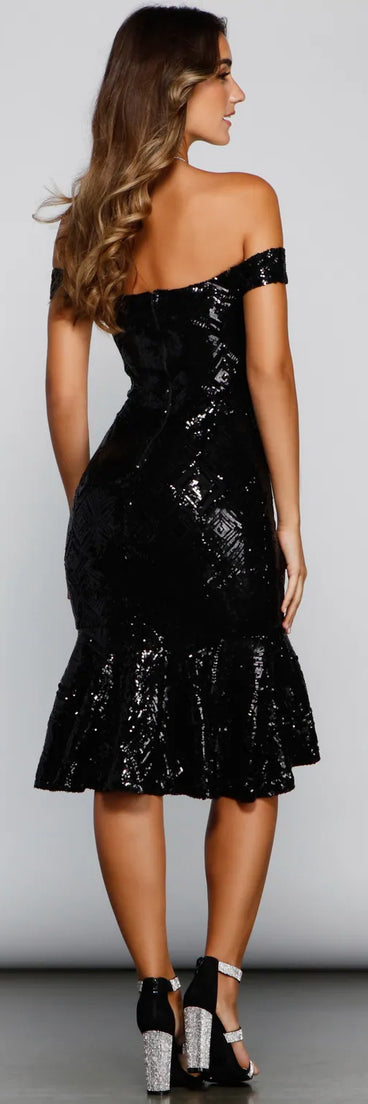 Sarah Off-The-Shoulder Sequin Midi Dress
