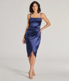 Feel confident and photo-ready in the Margaret Formal Satin Wrap Midi Dress, a navy blue graduation dress perfect for 2025 ceremonies and parties.