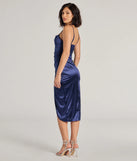 Step into the Prom 2025 dance in the Margaret Formal Satin Wrap Midi Dress in navy, a stunning blue prom dress designed to complement any theme with its timeless allure and statement-making style.