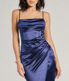 Make a bold statement in the Margaret Formal Satin Wrap Midi Dress in navy blue, the perfect spring dress for weddings, cocktail hours, nights out, and/or seasonal celebrations.