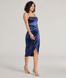 Revamp your 2025 wardrobe with this chic addition, the Margaret Formal Satin Wrap Midi Dress in navy, perfect for elevating your style in the new year.