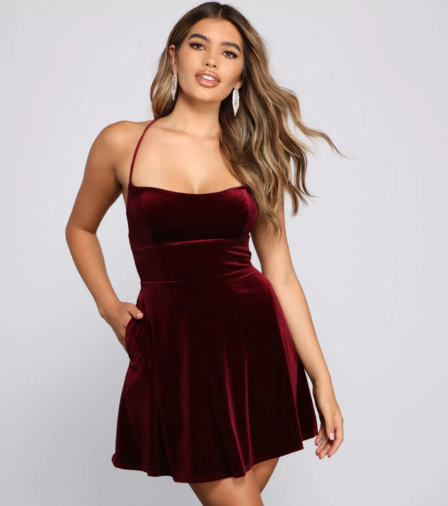 Amelia Lace-Up Back Velvet Skater Dress