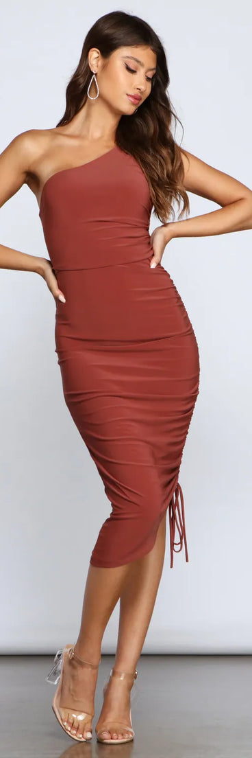 Eve One-Shoulder Ruched Midi Dress
