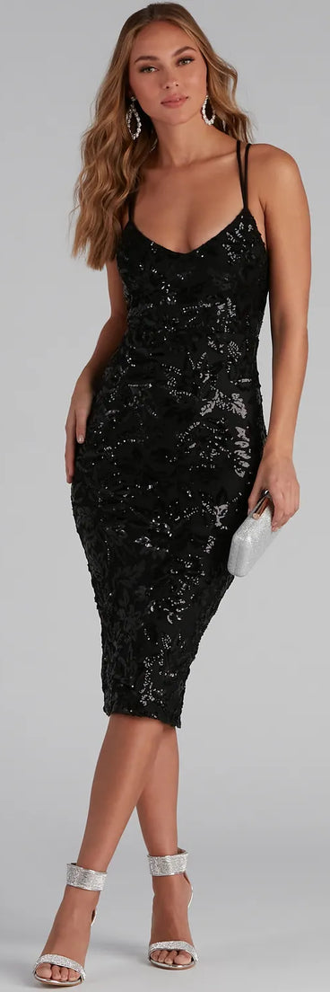 Emely Sequin Mesh Double X-Back Midi Formal Dress