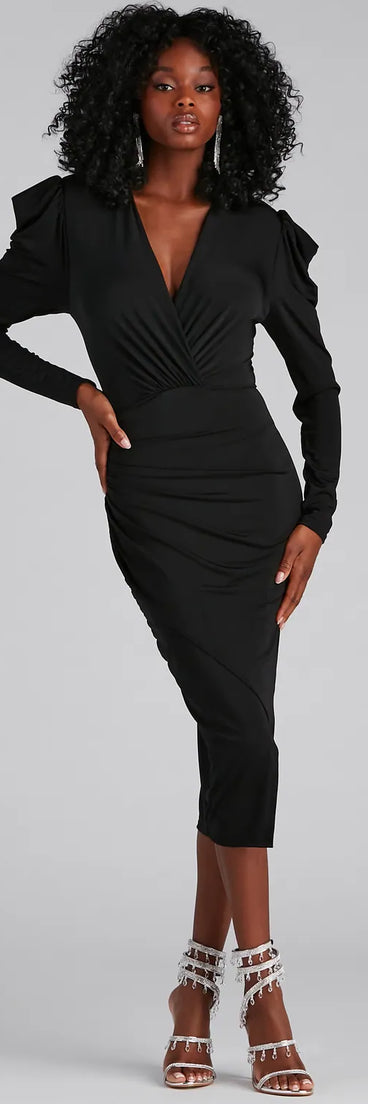 Jaimie Formal Surplice Wrap Tea Length Dress