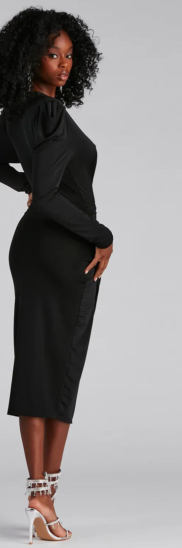 Jaimie Formal Surplice Wrap Tea Length Dress