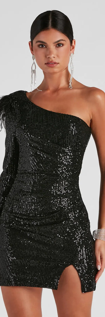 Cassidy Formal Sequin Feather Dress, a trendy black mini dress featuring modern details and a fresh seasonal hue, perfect for creating chic 2025 looks.
